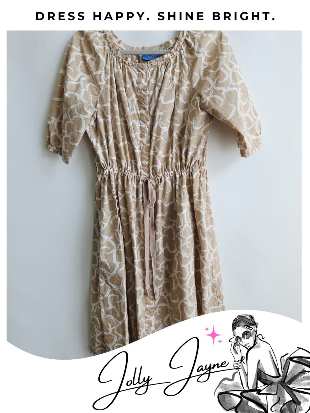 Vera Wang Beige & White Print Drawstring Waist Peasant Dress, Vintage, Office